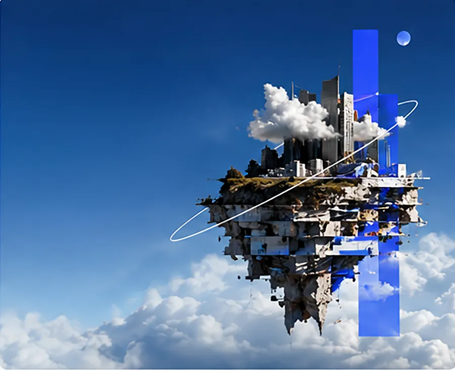 Ciudad flotando entre nubes y bloques azules