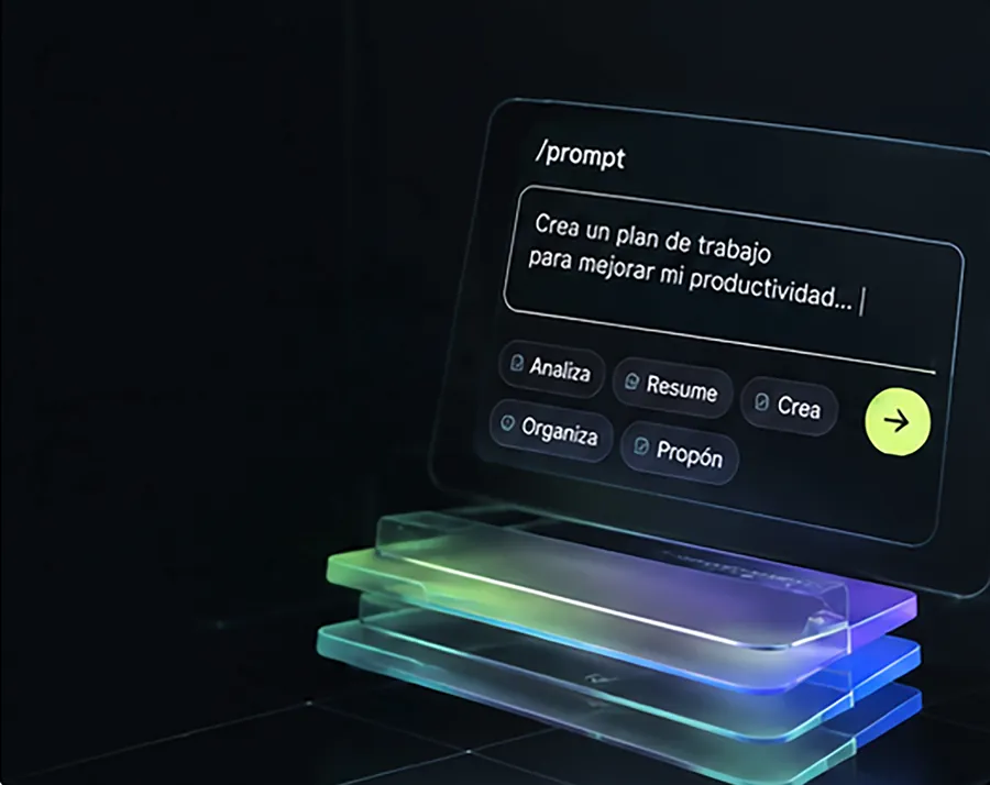 Interfaz de prompt con opciones Analiza, Resume, Crea, Organiza y Propón
