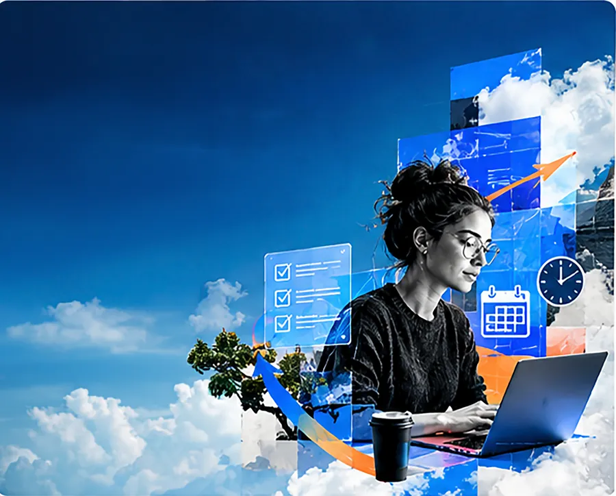 Mujer trabajando en su portátil entre nubes, calendario y listas